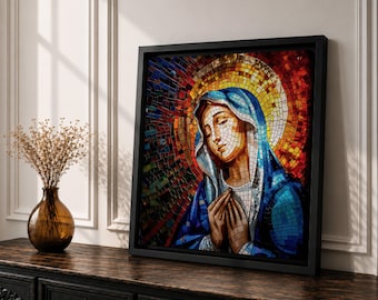 Virgin Mary Wall Art Madonna Framed Canvas Catholic Prayer Mosaic Christian Home Decor