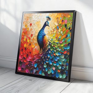 Impresión de arte mural de pavo real colorido, póster de pájaro vibrante, impresión cuadrada, arte mural imprimible, descarga digital