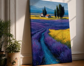 Lavender Field Canvas Wall Art, Provence Landscape Painting, Purple Flower Print, French Country Decor, Colorful Countryside Wall Art