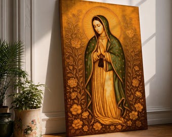 Our Lady of Guadalupe Wall Art La Virgen Morena Framed Canvas Floral Catholic Decor