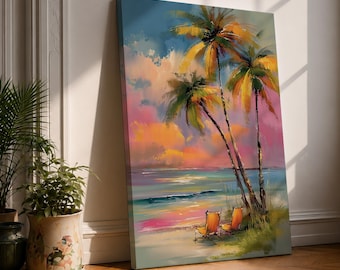 Palm Tree Wall Art Tropical Beach Sunset Framed Canvas Coastal Landscape Impressionism Tropical Decor