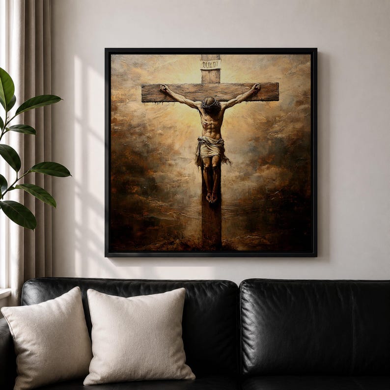 Jesus Crucifixion Wall Art Christ on the Cross Framed Canvas Vintage Christian Home Decor