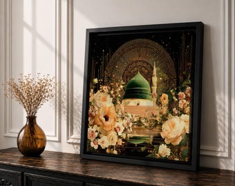 Masjid Al Nabawi Wall Art Green Dome Framed Canvas Floral Medina Vintage Islamic Decor