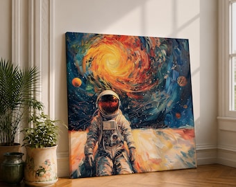 Astronaut Canvas Wall Art, Space Galaxy Painting, Cosmic Sun Artwork, Colorful Sci Fi Print, Outer Space Decor, Astronaut Gift