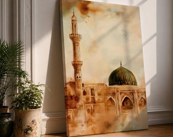 Masjid Al Nabawi Wall Art Green Dome Framed Canvas Medina Mosque Vintage Islamic Decor