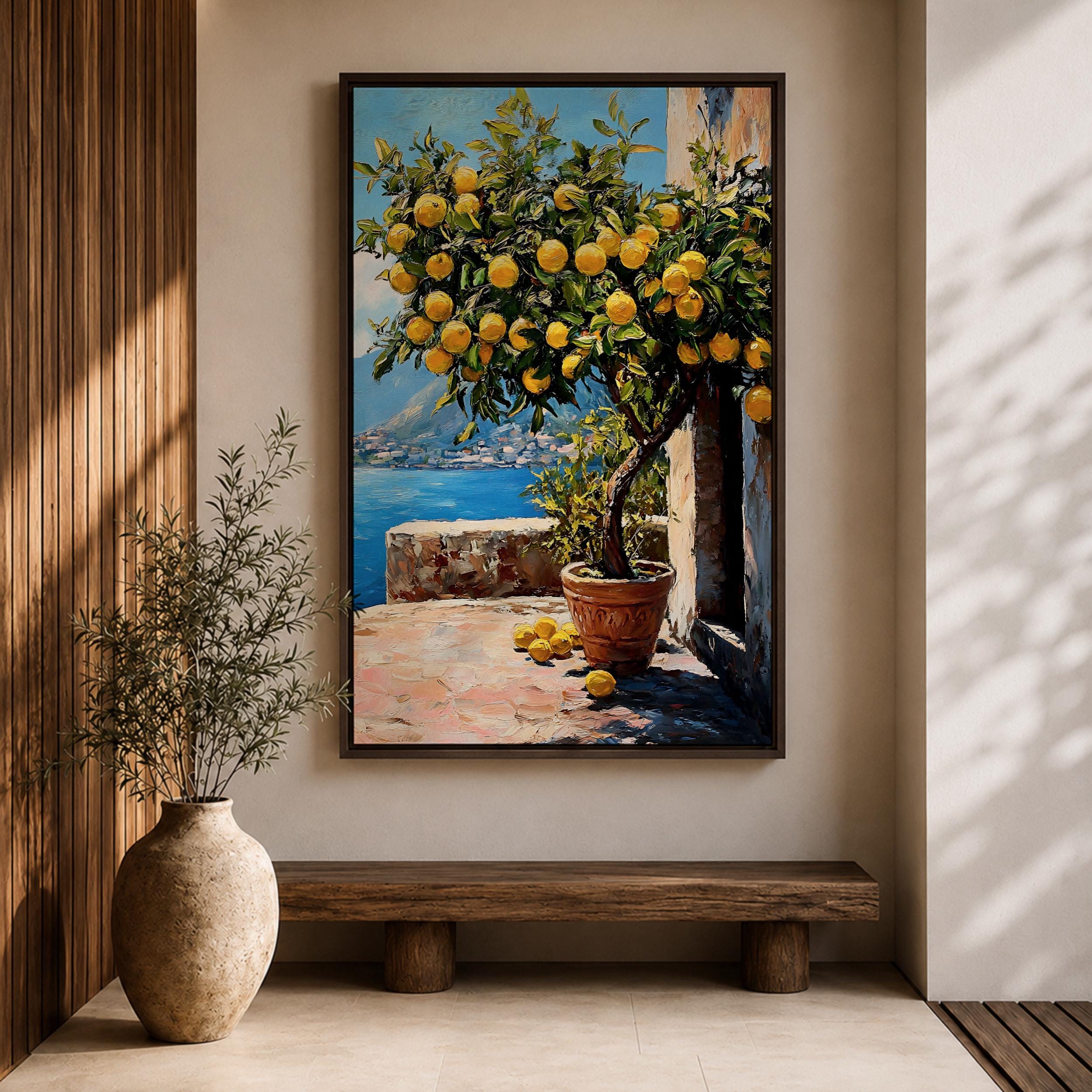 Mediterranean Lemon Tree Wall Art Coastal Citrus Framed Canvas