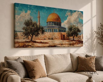 Dome of the Rock Wall Art, Panoramic Jerusalem Islamic Canvas Print, Palestine Mosque Decor, Middle East Religious Artwork