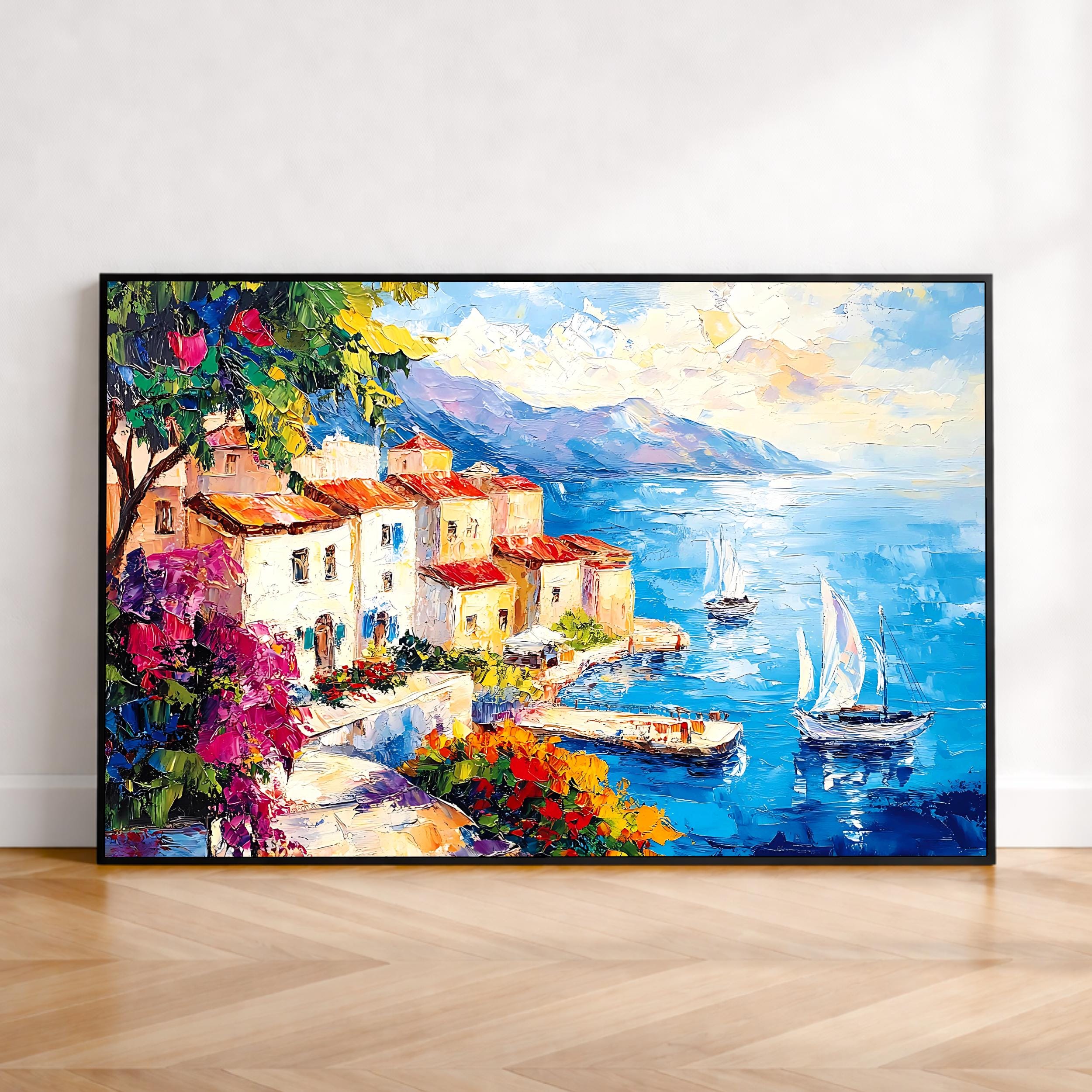Italian Coastal Village Wall Art: Textured Mediterranean Seascape