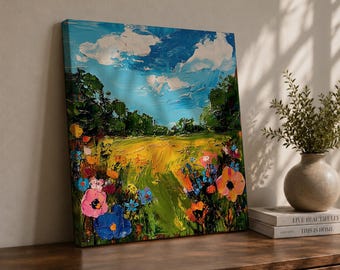 Wildflower Meadow Wall Art Summer Field Landscape Framed Canvas Nature Home Decor