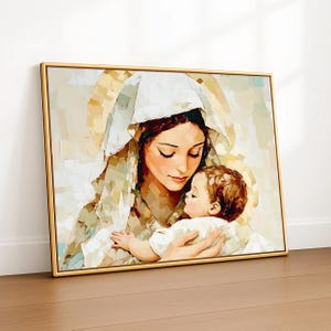 Stampa artistica digitale vintage della Beata Vergine Maria e Gesù Bambino, decorazione murale cristiana orizzontale, opera d'arte religiosa stampabile neutra