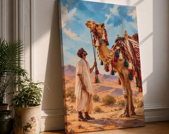 Arabian Camel Canvas Print, Bedouin Man, Colorful Saddle, Impressionist Desert Painting, Middle Eastern Decor
