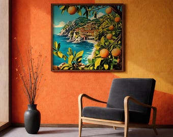 Mediterranean Orange Grove Wall Art Coastal Citrus Framed Canvas Seaside Landscape Living Room Decor