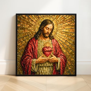 Sacred Heart Jesus Stained Glass Wall Art: Catholic Prayer Decor (Digital / Print / Canvas / Framed)