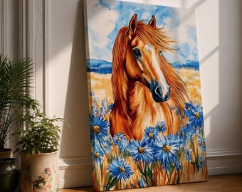 Wild Horse Wall Art Mustang Framed Canvas Western Wildflower Watercolor Prairie Living Room Decor