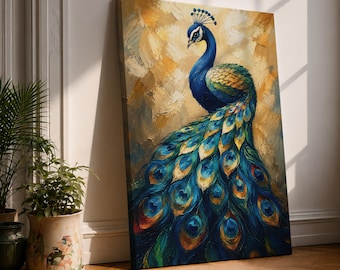 Peacock Wall Art Canvas, Blue Gold Peacock Painting, Textured Bird Artwork, Large Living Room Wall Decor, Modern Boho Canvas Print