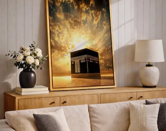 Kaaba Wall Art Golden Sky Framed Canvas Masjid Al Haram Mecca Mosque Islamic Decor