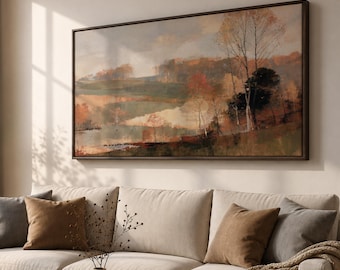 Neutral Landscape Canvas, Modern Abstract Nature Wall Art, Oversized Panoramic Living Room Decor