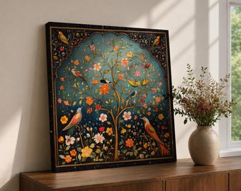 Persian Tree Wall Art Birds Garden Framed Canvas Persian Botanical Islamic Home Decor