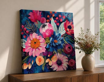 Blommig väggkonst Blombukett Inramad canvas Botanisk trädgård Boho heminredning