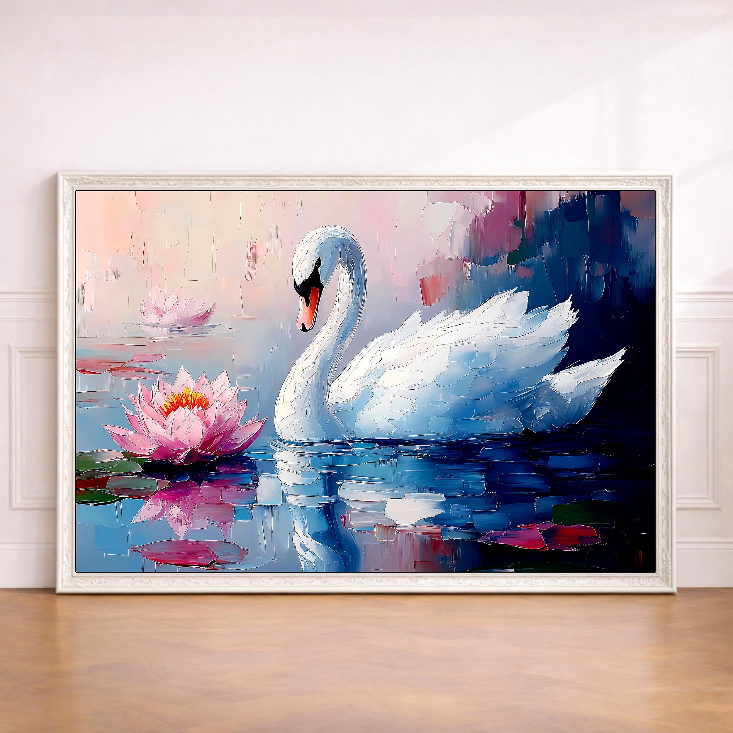 Swan Lotus Wall Art: Serene Nature Landscape Painting (digital