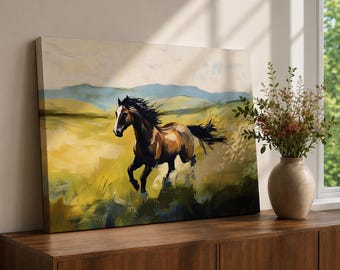 Horse Wall Art Mustang Framed Canvas Wild Spirit Running Watercolor Western Rustic Home Decor