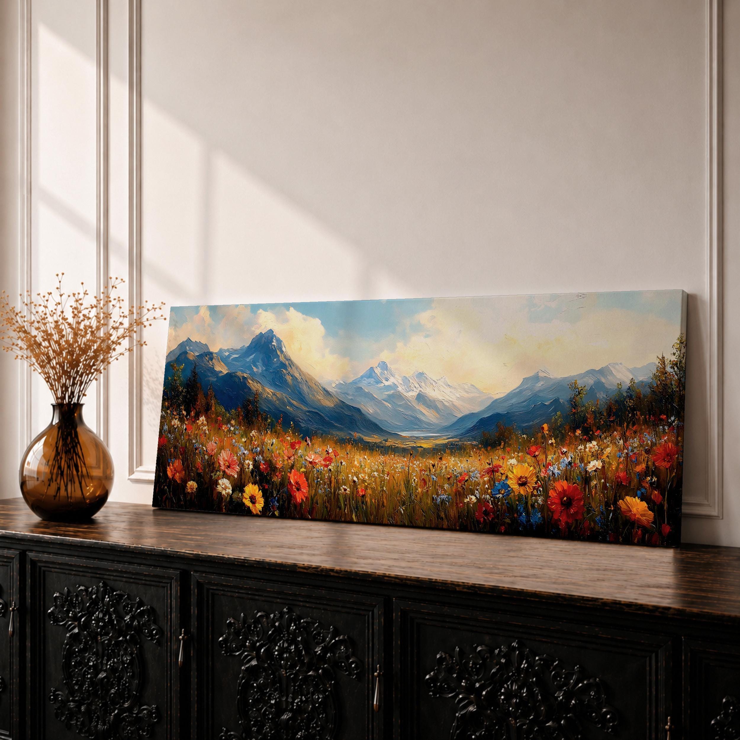 Long Horizontal Mountain Wall Art, Wildflower Landscape Canvas