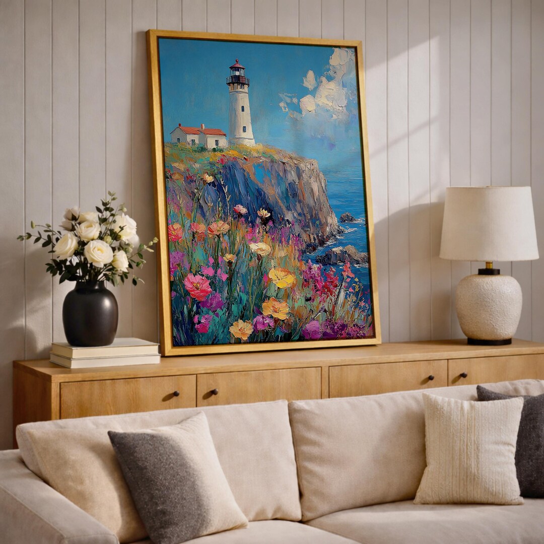 Lighthouse Wall Art Coastal Beacon Framed Canvas Wildflower Meadow ...