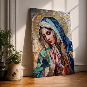 Virgin Mary Wall Art, Mosaic Canvas Print, Christian Religious Decor, Catholic Prayer Room Art, Marian Wall Decor