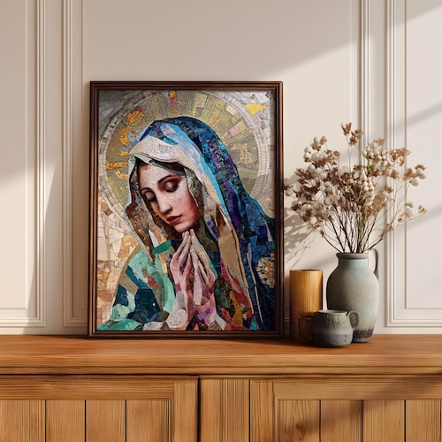 Virgin Mary Wall Art Madonna Framed Canvas Christian Marian Mosaic