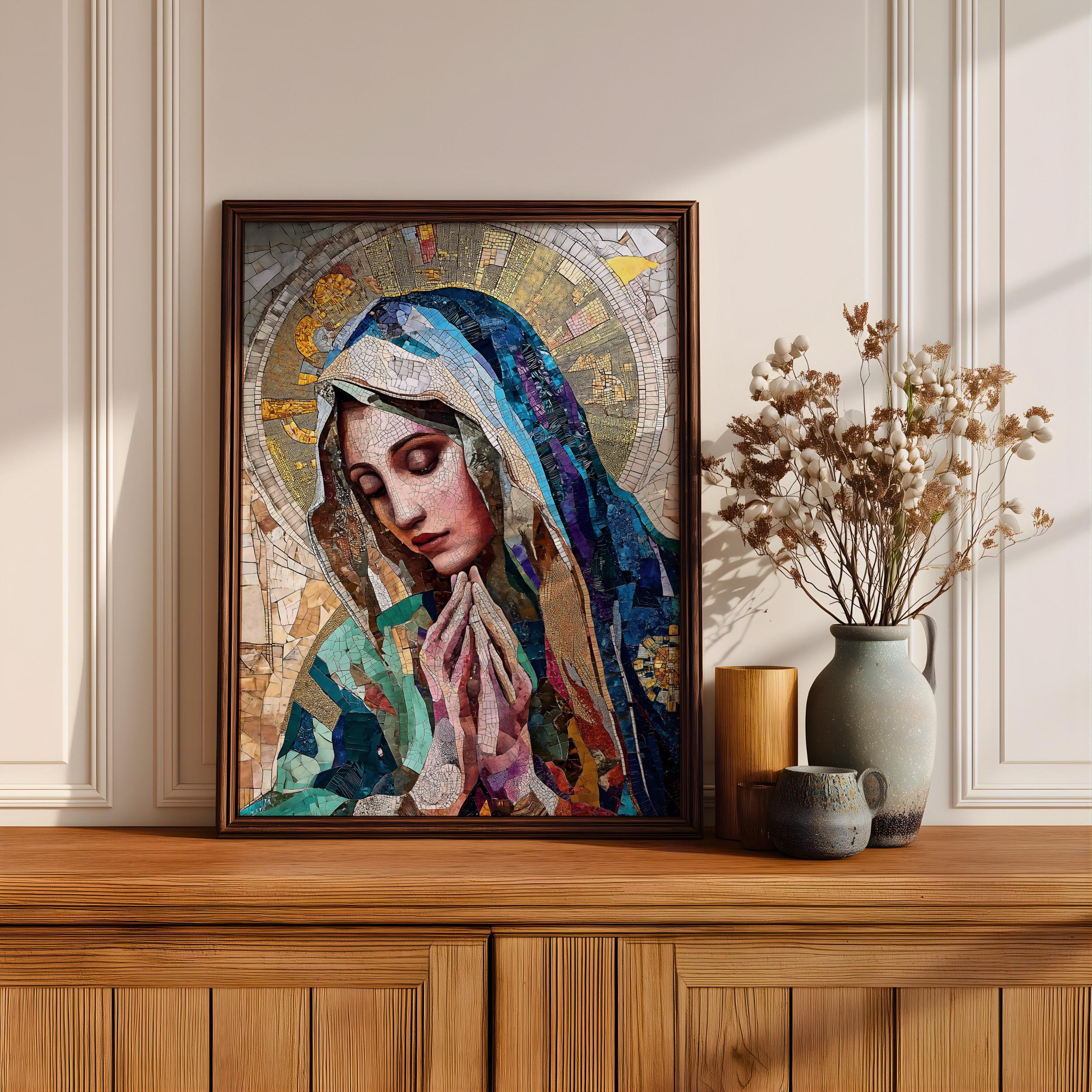 Virgin Mary Wall Art Madonna Framed Canvas Christian Marian Mosaic