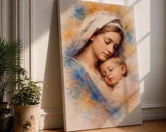 Virgin Mary and Baby Jesus Canvas Wall Art, Madonna and Child Print, Catholic Mother Mary Decor, Christian Nursery Art, Religious Wall Decor