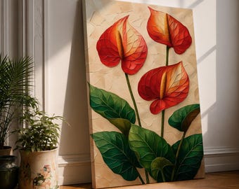 Anthurium Canvas Print, Tropical Wall Art, Red Botanical Painting, Modern Home Decor