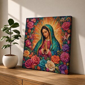 Our Lady of Guadalupe Canvas Wall Art, Colorful Maximalist Catholic Virgin Mary Floral Decor