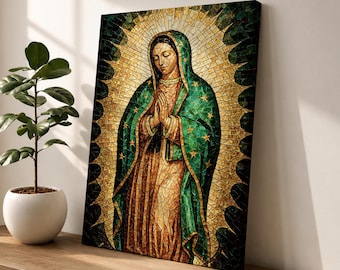 Mary of Guadalupe Wall Art Blessed Virgin Framed Canvas Mexican Mosaic Catholic Home Decor