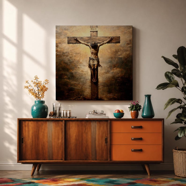 Jesus Crucifixion Wall Art Christ on the Cross Framed Canvas Vintage Christian Home Decor