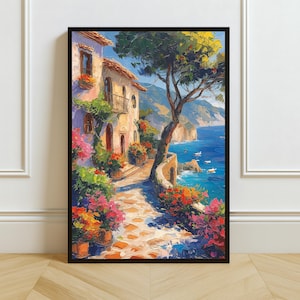 Coastal View Oil Painting Print: Mediterranean Seaside Home Decor (Digital Download)