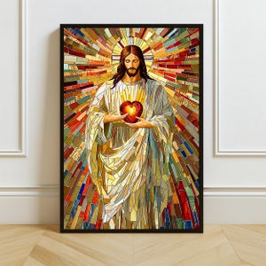 Sacred Heart of Jesus Mosaic Art: Stained Glass Catholic Decor (Digital / Print / Canvas / Framed)