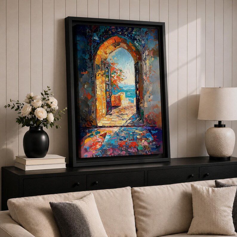 This impasto style painting depicts a Moroccan archway opening to a vibrant ocean view with bright sunlight illuminating textured stone walls and colorful mosaic floor tiles, capturing the essence of Moorish architectural design and coastal cultural scenery.