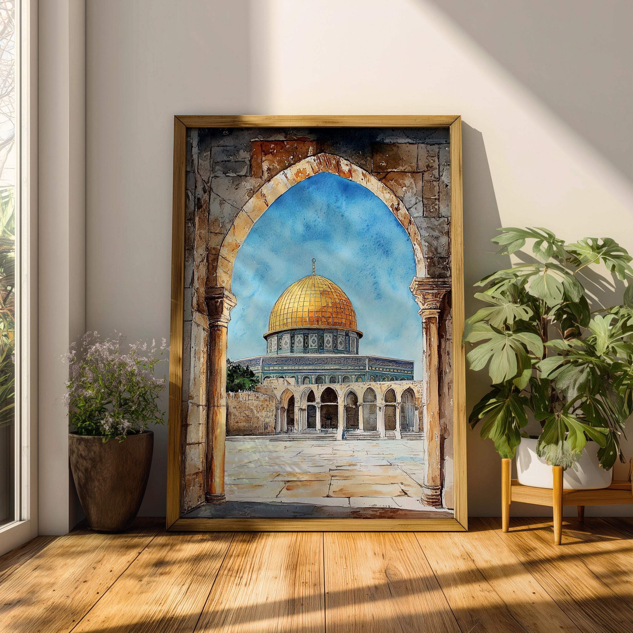 Masjid Al-aqsa Wall Art Jerusalem Arch View Framed Canvas Golden
