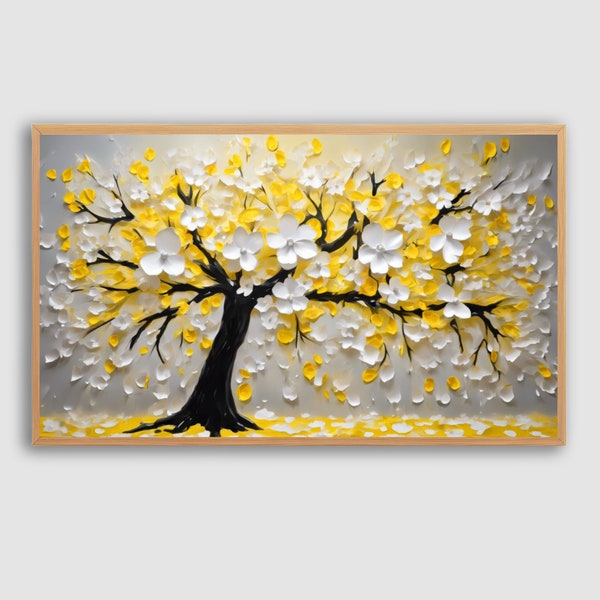 Blossom Tree Digital Frame Tv Art | Abstract White Yellow Oil Painting | Instant Download | Premium