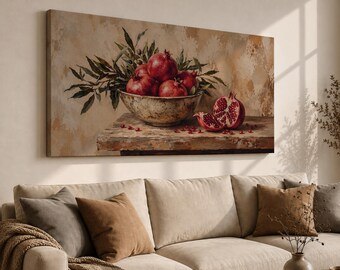 Panoramic Pomegranate Canvas Print, Mediterranean Fruit Painting, Rustic Kitchen Wall Art