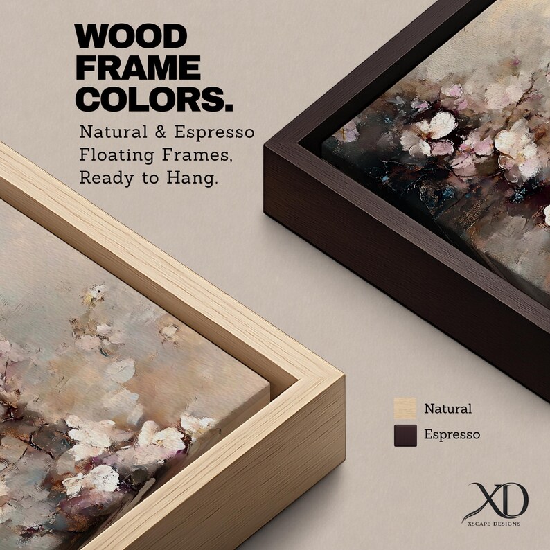 Puede incluir: Dos lienzos con marco flotante con obras florales. Un marco es de madera natural, el otro es espresso. El texto dice "WOOD FRAME COLORS. Natural & Espresso Floating Frames, Ready to Hang."
