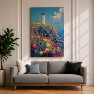 Lighthouse Wall Art, Coastal Wildflower Cliff Abstract Canvas Print, Living Room Decor image 2