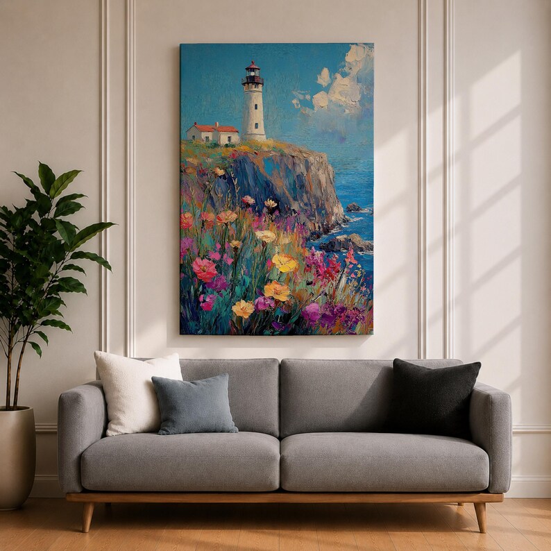Lighthouse Wall Art, Coastal Wildflower Cliff Abstract Canvas Print, Living Room Decor image 2