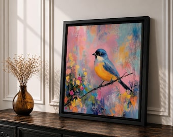 Colorful Bluebird Canvas Wall Art, Abstract Bird Painting, Floral Bird Print, Colorful Nature Artwork, Cottagecore Wall Decor