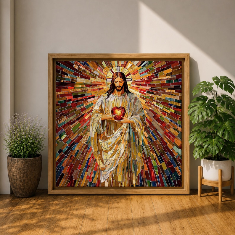 Sacred Heart of Jesus Wall Art Holy Redeemer Framed Canvas Mosaic Catholic Home Decor