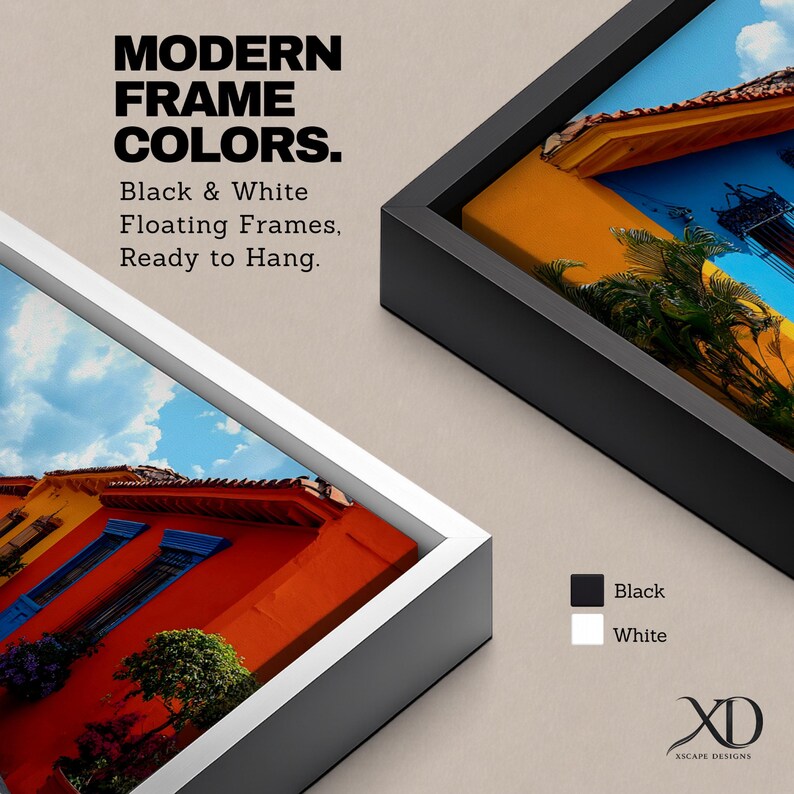 Puede incluir: Dos marcos flotantes en negro y blanco, cada uno con una vibrante impresi&oacute;n arquitect&oacute;nica de un edificio con paredes naranjas y ventanas azules. El texto dice: MODERN FRAME COLORS. Black & White Floating Frames, Ready to Hang.