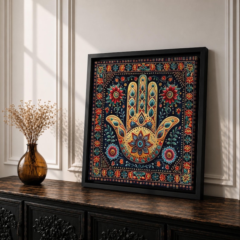 Hamsa Hand Wall Art Evil Eye Framed Canvas Khamsa Persian Boho Protection Home Decor