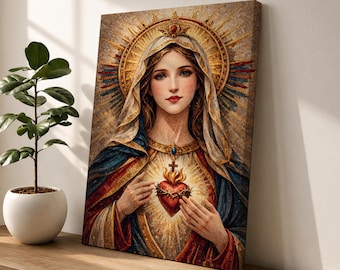 Sacred Heart Mary Wall Art Halo Portrait Framed Canvas Madonna Catholic Christian Wall Decor