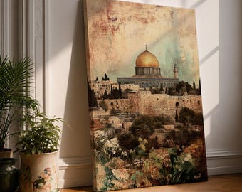 Décoration murale de la mosquée Al-Aqsa, impression sur toile vintage de Jérusalem, œuvre d'art rustique du Dôme du Rocher en Palestine, décoration intérieure islamique, art mural musulman